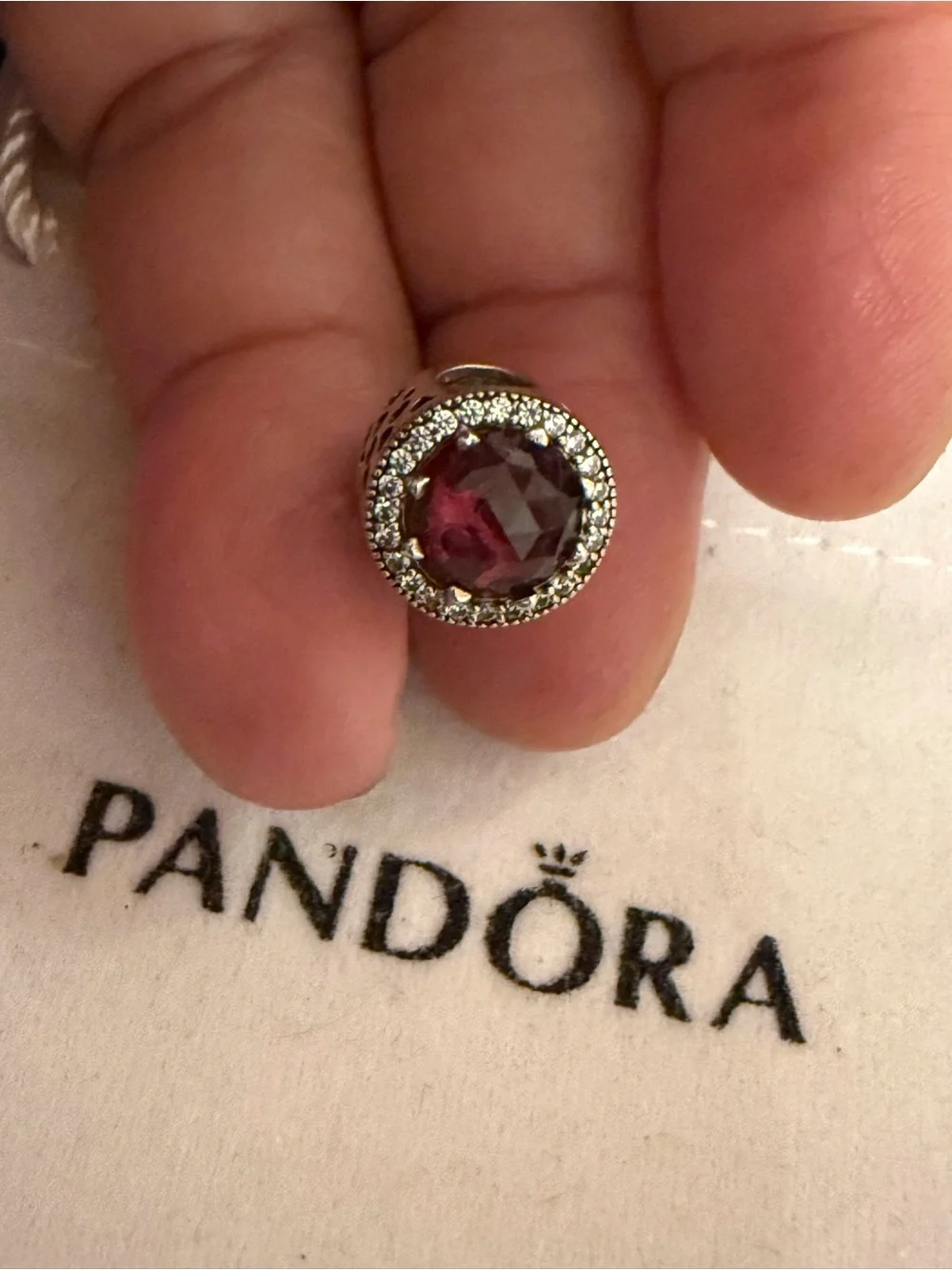 Pandora Sterling Silver Round Pink Crystal Charm with Clear Pavé Halo